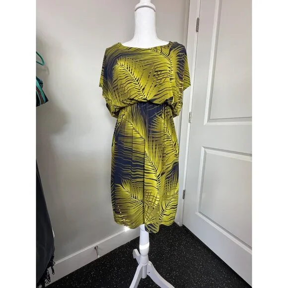 Valerie Bertinelli Womens Tropical Print Elastic Waist Dress Sz 10 Yellow/Black - Picture 5 of 14